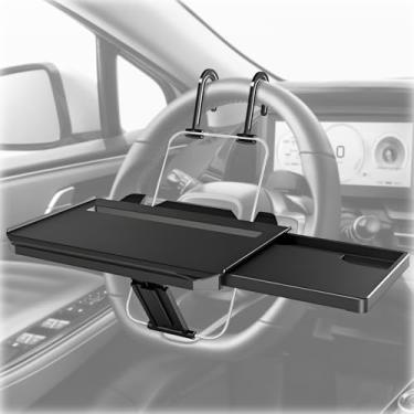 Imagem de VRSCPUMG Bandeja de volante preta 2 em 1 para carro e bandeja de banco traseiro com acessórios de mesa multiuso ajustáveis para comer, escrever, trabalhar com suporte de copo - ideal para viajantes