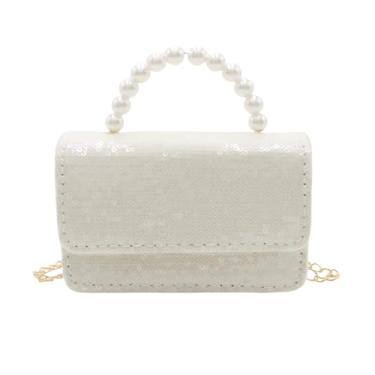 Imagem de BOLLEY JOSS Mini bolsa infantil de lantejoulas para meninas com alça de pérola, corrente dourada, bolsas transversais fofas para crianças pequenas, Branco quadrado, One Size