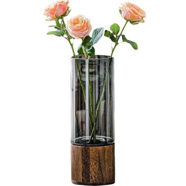 Imagem de PIDUDU Vaso de vidro artístico de madeira, base de madeira cilíndrica, vidro fumado, vaso de plantas de 30 cm de altura para entrada, mesa de jantar, prateleira, sala de estar e decoração de casa