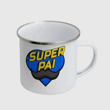 Imagem de Caneca de Inox Esmaltada Branca Premium - SUPER PAI CORACAO AZUL BIGODE
