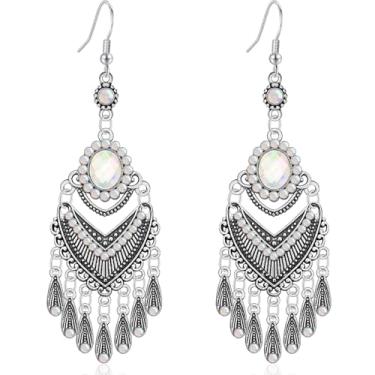 Imagem de Ricarmo Brincos femininos boêmios, vintage, vazado, lustre vazado, pingente, gota, cristal, esmaltado, franja, gancho, para mulheres, 2.44inch, Metal, Sem pedra preciosa