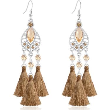 Imagem de Ricarmo Brincos femininos estilo nacional boêmio, strass, vazados, leves, pendentes, tecido de cristal, franja, gancho, para mulheres, 2.44inch, Metal, Sem pedra preciosa