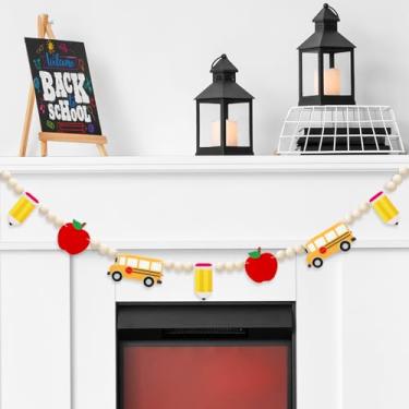 Imagem de JarThenaAMCS Faixa de feltro de volta às aulas, ônibus escolar, lápis de maçã, contas de madeira, guirlanda pré-amarrada, faixa de pendurar engraçada para festa, casa, sala de aula, decoração de