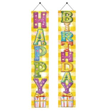 Imagem de Starlit Patio 2 peças, faixa suspensa de feliz aniversário, letreiro de varanda, letras coloridas, glitter, amarelo, decoração de aniversário, suprimentos de festa, suprimentos para pendurar na parede