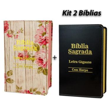 Imagem de Kit 2 Bíblias Sagrada Letra Gigante Luxo Preto/romantic 14x21cm - REI 
