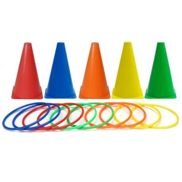 Imagem de 5 Cones Demarcatórios 18cm + 10 Mini Argolas Recreação