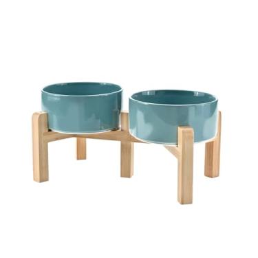 Imagem de SPUNKYJUNKY Tigelas elevadas de cerâmica para cães e gatos, 15 cm, com suporte de bambu antiderrapante para raças médias seguras para micro-ondas e lava-louças, 813 g, verde escuro