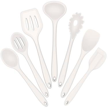 Imagem de E-far Conjunto de utensílios de cozinha de silicone, conjunto de 7 peças brancas resistentes ao calor, ferramentas antiaderentes, espátula, concha, colher, servidor de macarrão, para panelas