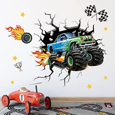Imagem de decalmile Adesivos de parede de carro de corrida 3D carro meninos decalques de parede quarto crianças quarto sala de estar decoração de parede sala de jogos