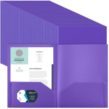 Imagem de Gueevin 200 pastas de dois bolsos pasta de plástico a granel com 2 bolsos papel tamanho carta carteira resistente durável capa para escritório em casa, escola, negócios, 29 x 24 cm (roxo)