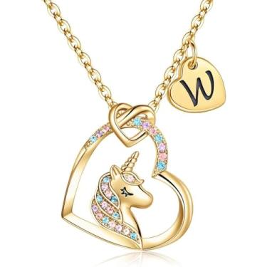 Imagem de Unicorn Necklace Gifts for Girls Daughter - Colorful Heart Pendant Initial Unicorn Necklaces for Girl Teens Little Girls Jewelry Birthday Gift (W)