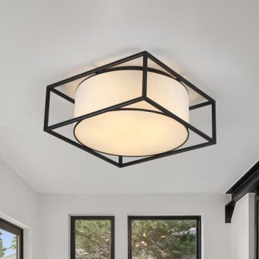 Imagem de OFLNLL Luminária De Teto Semi-Embutida, Abajur Tecido Com 5 Luzes E Estrutura Metal Preto, Luminárias Para Entrada, Perto Quarto, Sala Estar, Cozinha, Corredor