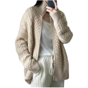 Imagem de Cardigan Outono E Inverno Novo Grosso Gola Alta Caxemira Malha Cardigan Mulheres Solta Suéter De Lã, Wt, S