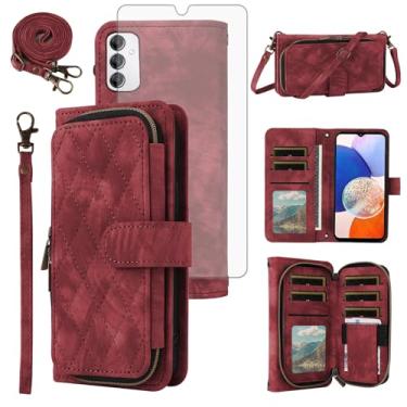 Imagem de Capa de celular para Samsung Galaxy A14/M14 5G carteira celular com protetor de tela de vidro temperado alça transversal alça flip suporte zíper bolsa porta-cartão slot celular A 14 4G 14 A 14 M G5