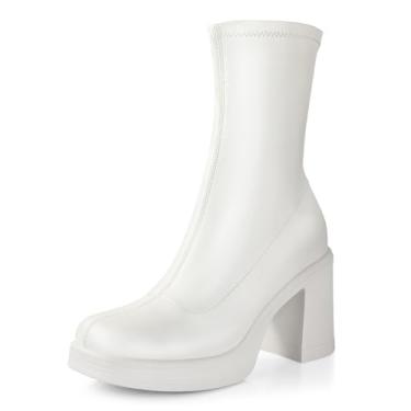 Imagem de Ankis Botas femininas plataforma de salto alto grosso com zíper lateral Gogo Botas confortáveis para festas, Poliuretano branco, 40