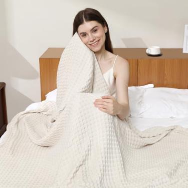 Imagem de Aganear Cobertor de waffle – Cobertor de verão leve e respirável de 50% algodão e 50% raiom derivado de bambu para dormir quente, mantas luxuosas para cama, sofá e sofá, bege, 166 x 223 cm
