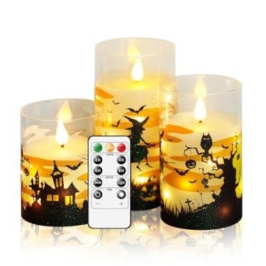 Imagem de JINYANIA Velas sem chamas de cera real realistas de Halloween com revestimento de vidro, vela pilar de LED operada por bateria com temporizador remoto, ideal para decoração de casa de Halloween (D 7,6
