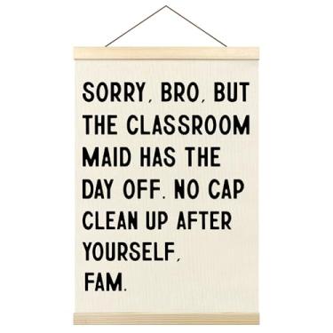 Imagem de Tzhim Decoração de parede engraçada para sala de aula, lembrete de limpeza em preto e branco minimalista para decoração de parede de quarto de crianças, 30 x 40 cm