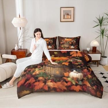 Imagem de Jogo de cama infantil outono dia de ação de graças, conjunto de edredom tamanho casal, folhas de abóboras, estilo rústico, todas as estações, conjunto de colcha vintage com listras de madeira