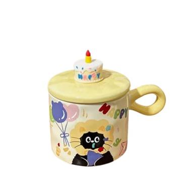 Imagem de Caneca de Porcelana Decorativa para Aniversário com Tampa de Miniatura de Bolo, Lembrancinha de Festa, Estampa de Gato Fofo, 360 ML, Presente Decoração de Escritório Mesa Cozinha (Bege)