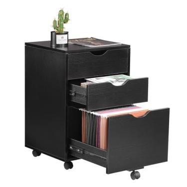 Imagem de HollyHOME Armário de arquivo de madeira com 3 gavetas, armário sob a mesa para escritório doméstico, prateleira de armazenamento com rodinhas para casa, suporte de impressora, para A4, arquivos