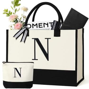 Imagem de GENGBIN Sacola de lona personalizada, presente monograma com zíper para mulheres, Branco, One Size