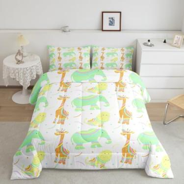Imagem de jejeloiu Jogo de cama solteiro com estampa de animais fofos, girafa, elefante, leão, para meninos, meninas, adolescentes, glitter, respirável, animais selvagens, decoração de quarto