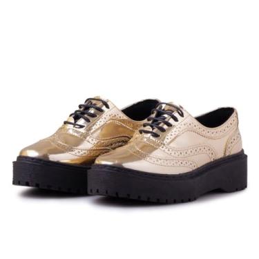 Imagem de Tenis Oxford Plataforma Couro Feminino Metalizado Cadarço Solado Borracha Bico Redondo Tamanho:40;Cor:Dourado;Gênero:Feminino;Departamento BS:Esporte