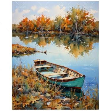Imagem de Kit de pintura natural por números para adultos – Barco de madeira DIY no lago de outono, pintura em tela, 40 x 50 cm, conjunto de tinta acrílica, adequado para iniciantes, arte para decoração de casa