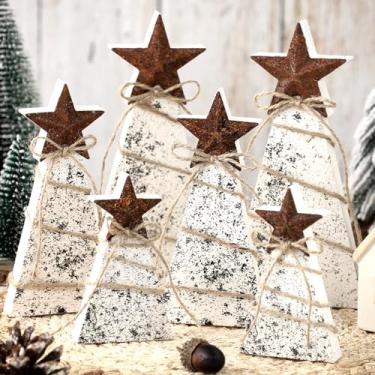 Imagem de Bucherry 6 peças de árvore de Natal de madeira, decoração de mesa, árvores de Natal, centros de mesa, bandeja rústica em camadas, decoração com estrela de ferro, corda de cânhamo para mesa, decoração