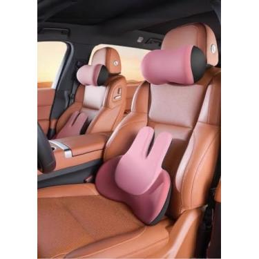 Imagem de Xiamenzcx Conjunto de almofada de assento de carro de coelho fofo – almofada de apoio lombar e travesseiro de pescoço para mulheres motoristas, conforto ergonômico nas costas para viagens longas