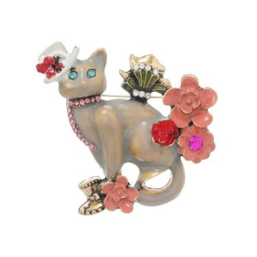 Imagem de Broche de animal de gato branco com strass para mulheres meninas banhado a ouro antigo moda cristal esmalte flor gatinho broches alfinetes de lapela terno colarinho vestido acessórios vintage Natal