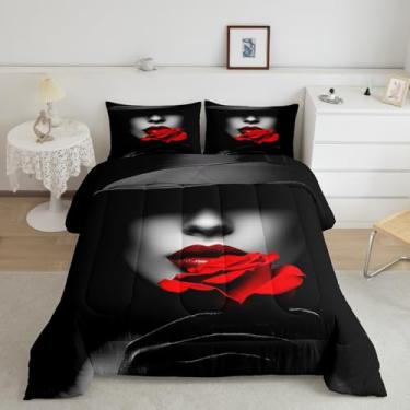 Imagem de Manfei Conjunto de edredom com boca de batom e rosa e lábio vermelho, para crianças, meninas, meninos, rosa e flores de dia dos namorados, enchimento de edredom com 1 fronha, preto e vermelho, tamanho