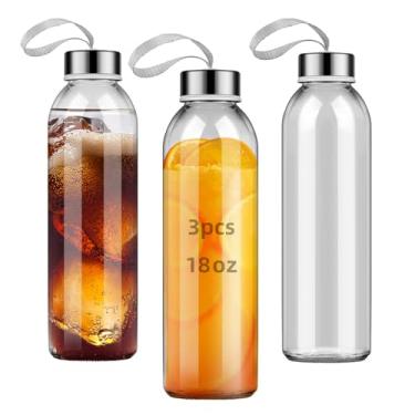 Imagem de REUJIHXY 3 garrafas de água de vidro com tampa, garrafas de suco transparentes, garrafas reutilizáveis com tampa de aço inoxidável, copos de vidro, recipientes de armazenamento de líquidos para sucos