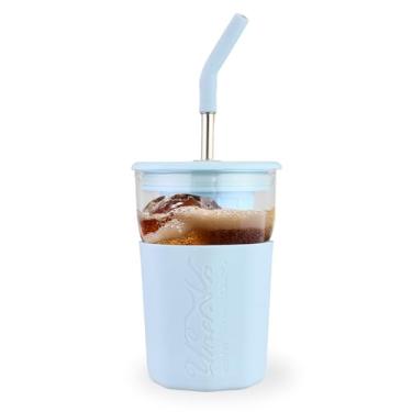 Imagem de wangsdjy Copo de vidro de 425 g com canudo e tampa - xícara de café gelado, copo de smoothie com manga de silicone e coador de chá, copo de vidro para vitaminas, chá de flores, café, sucos (azul)