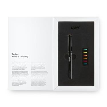 Imagem de Lamy Conjunto de caneta-tinteiro multicolorido safari todo preto – Edição especial com 6 anéis coloridos intercambiáveis – ponta de aço na largura F – incluindo cartucho de tinta azul T10 e caixa de