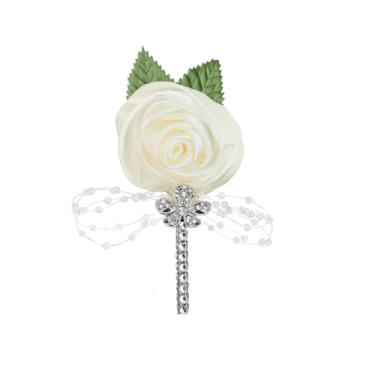 Imagem de Broche de noiva de cetim flor rosa para mulheres homens tecido folha pérolas strass flor artificial padrinhos noivo vestido de festa de casamento terno buquê corsage broches alfinetes joias delicadas
