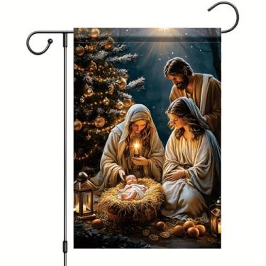 Imagem de Saoplasa Bandeira de jardim de Natal da Sagrada Família Bebê Jesus 30,5 x 45,7 cm Faixa dupla face para quintal externo para feriado religioso cristão inverno presépio decoração de casa