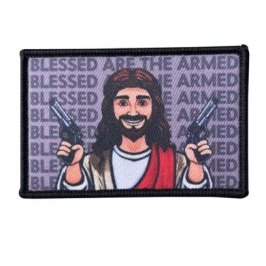 Imagem de Adesivo de Jesus com armas, 1 peça de adesivos engraçados de meme, emblema tático militar da bandeira dos EUA com gancho na parte de trás, acessórios bonitos para mochilas, coletes, jaquetas, jeans