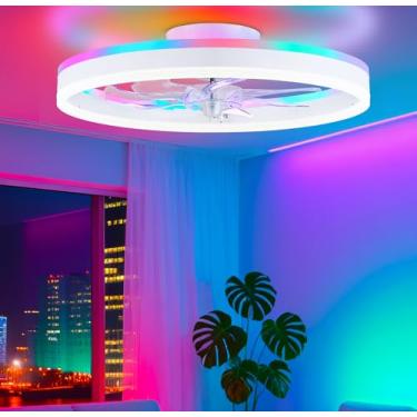 Imagem de STERREN Ventiladores de teto RGB com luzes, ventilador de teto LED inteligente de 50 cm com controle remoto/aplicativo, ventilador moderno de baixo perfil sem lâmina, lustre branco regulável para