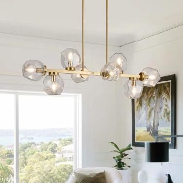 Imagem de Jonsi Lustres lineares modernos 8 luzes de vidro transparente para sala de jantar luminária pendente de 99 cm dourado de meados do século para sala de estar cozinha ilha