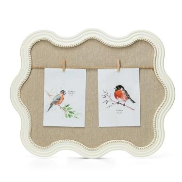 Imagem de ibalux Quadro de imagem de linho, moldura de colagem de borda ondulada branca de madeira maciça, 49,8 cm x 39,1 cm, exibição de fotos em vários tamanhos com clipes e corda de juta, decoração de