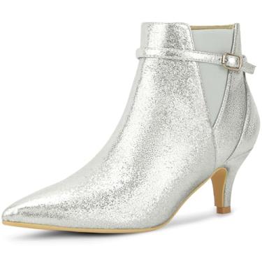 Imagem de Allegra K Botas femininas de bico fino Chelsea com salto gatinho, Prata, 35