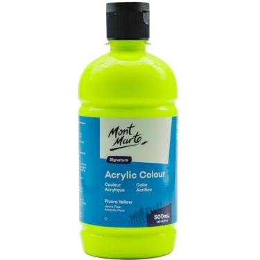 Imagem de Mont Marte Tinta acrílica amarela fluoro, 500 ml, acabamento semifosco, 12 cores, adequada para tela, madeira, tecido, couro, papelão, papel, MDF e artesanato