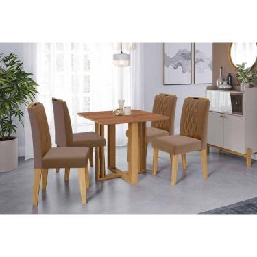 Imagem de Conjunto: Mesa de Cozinha Flora Tampo Madeirado 95x95cm e 4 Cadeiras Juliana Cinamomo - Carvalho/Suede Joli Capuccino - Cimol