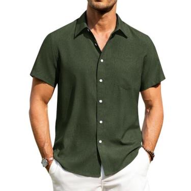 Imagem de Camisa Alimens & Gentle de manga curta com botões em linho verde-oliva