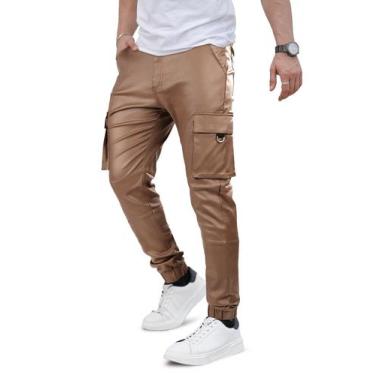 Imagem de Calças cargo GINGTTO Moto Style Leather Slim Fit para homens