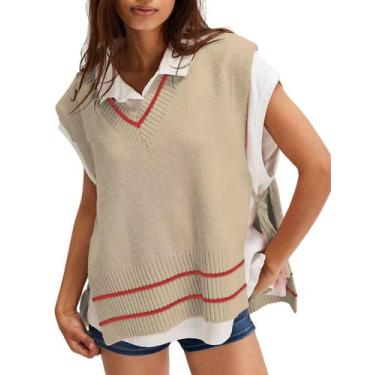 Imagem de Colete feminino Meyhad com decote em V, poncho de malha solta, cáqui