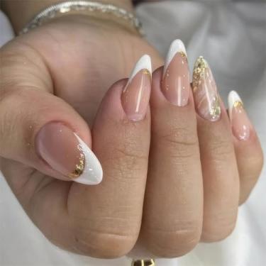 Imagem de RTKHFZE Almond Press on Nails Short White French Tip Acrylic Nail Press Ons com designs, unhas de cobertura completa outono/inverno para mulheres/formatura/festa/feriado (nude)