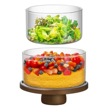 Imagem de Wissy&Konny Pacote com 2 tigelas trifle (5,273 g + 4,309 g) com suporte de bolo de madeira de 25,4 cm, tigela de salada de vidro transparente borossilicato para servir sobremesas em camadas, cupcake